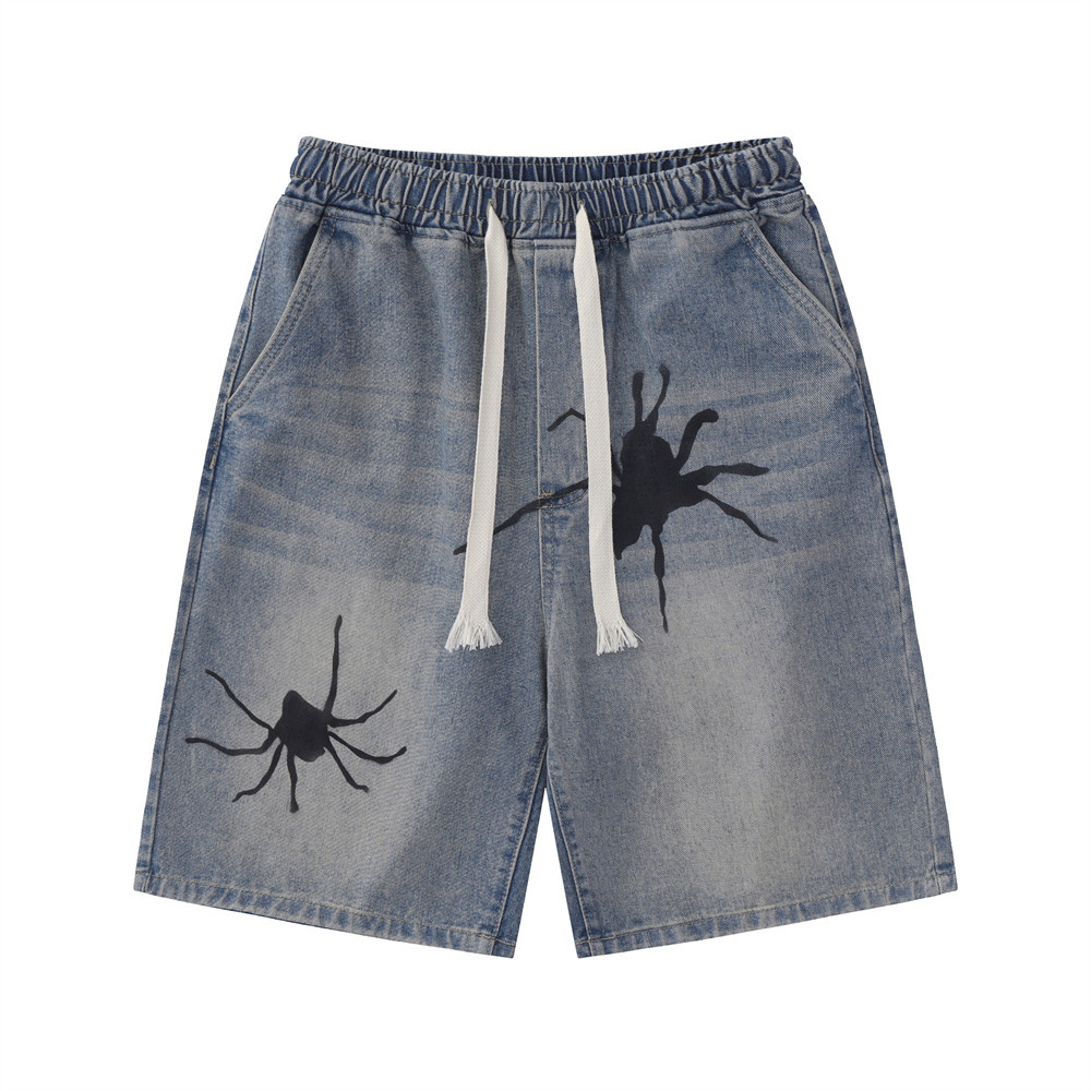 Summer casual washed old spider hand-painted denim shorts