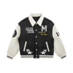 Splicing collision color letter embroidery lapel PU leather jacket