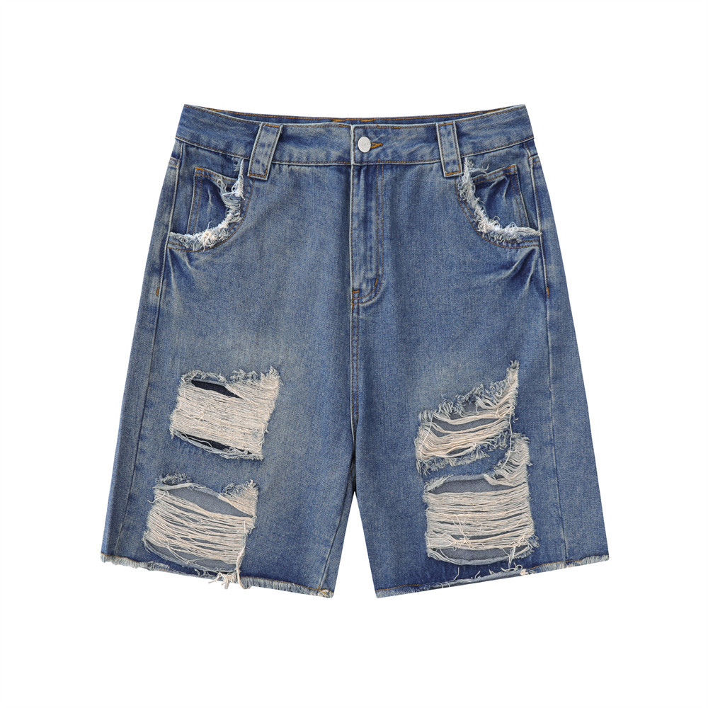 Washed raw hem straight ripped denim shorts