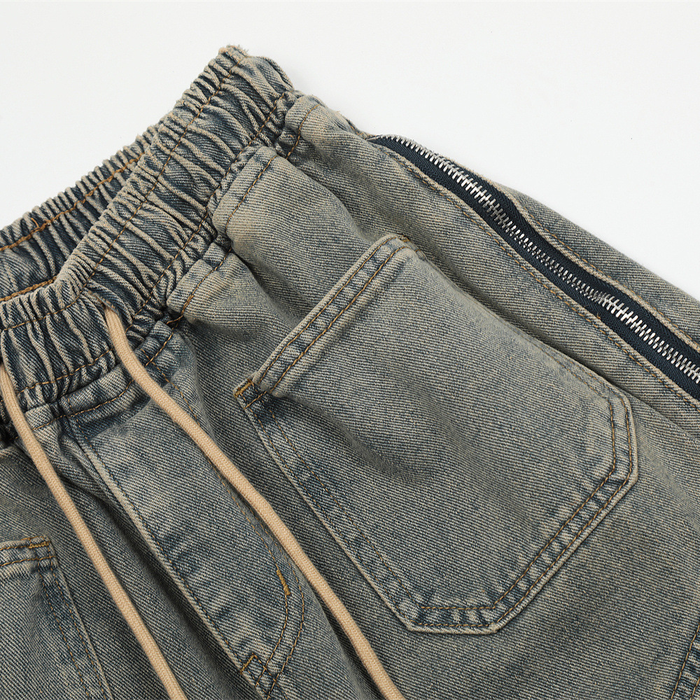 Washed and worn straight personality side zipper splicing denim shorts