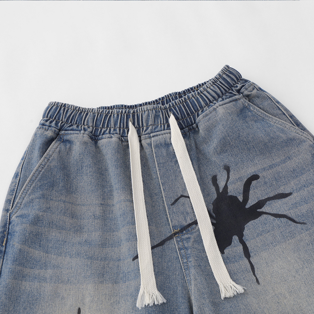 Summer casual washed old spider hand-painted denim shorts