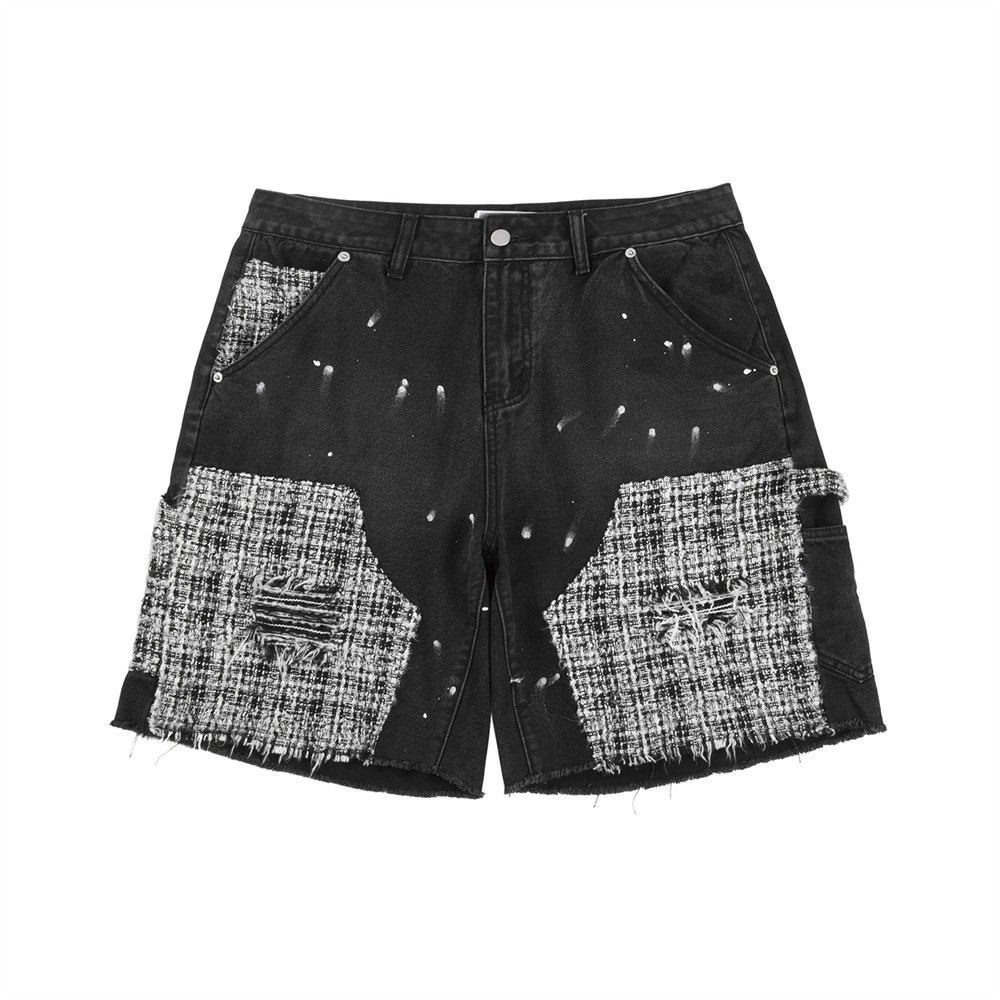 Loose ink splash hairline wide leg color blocking patchwork hole denim shorts