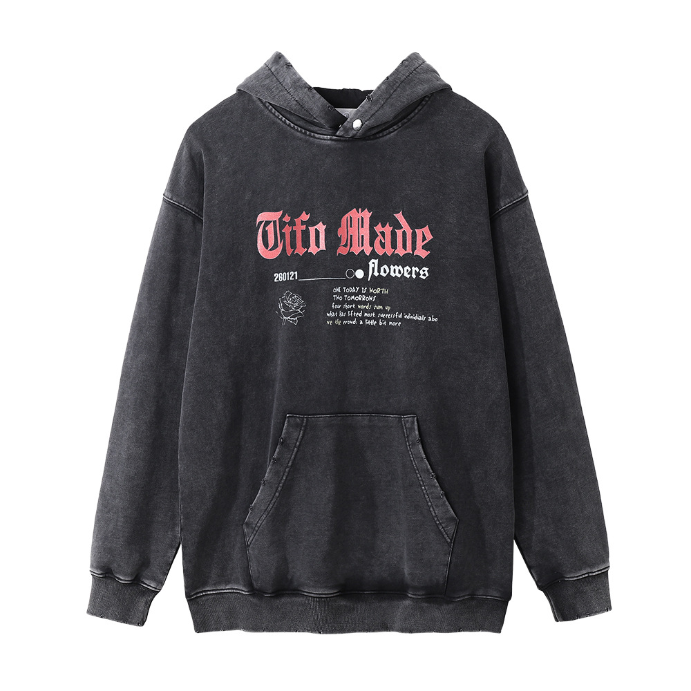 Niche loose frayed washed and worn rose letters with hooded sweatshirt