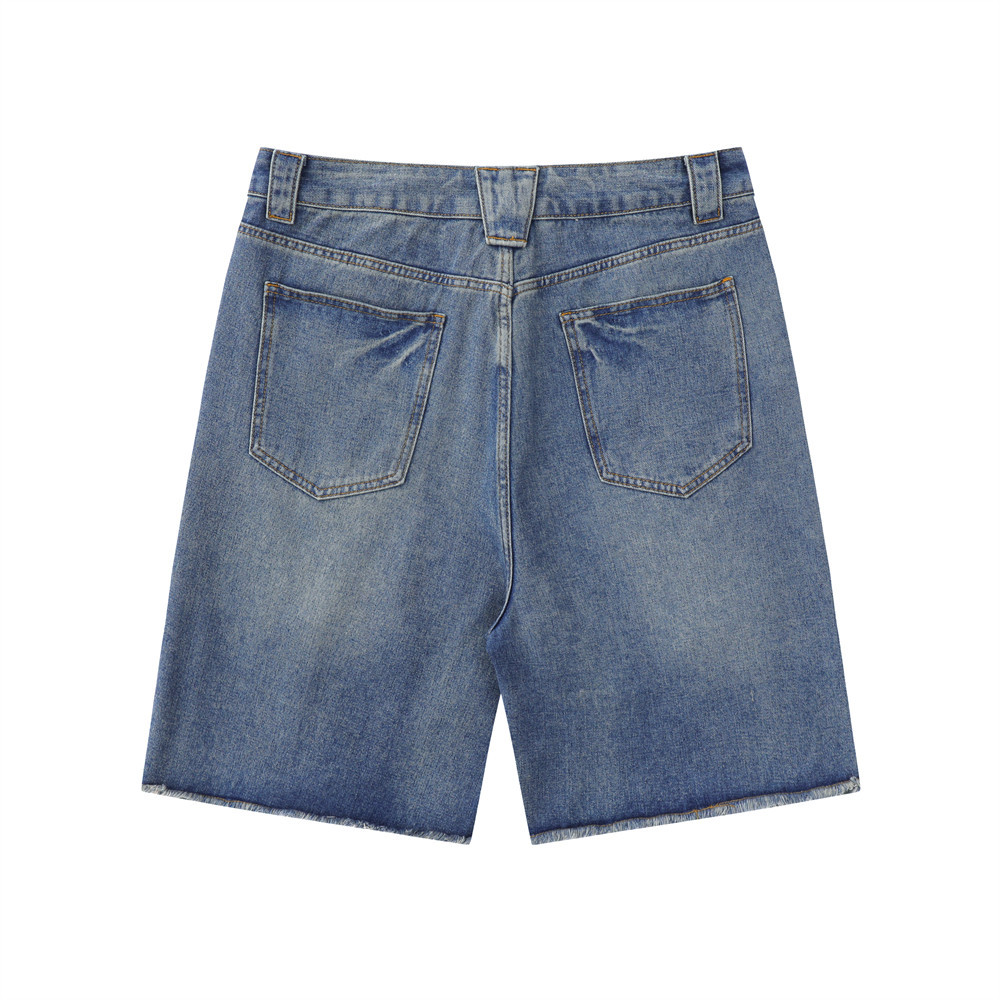 Washed raw hem straight ripped denim shorts