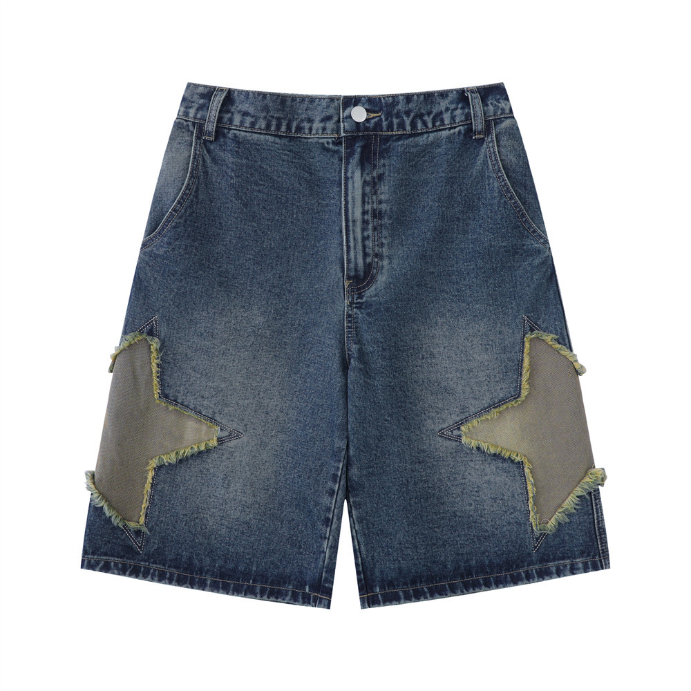 Patch star embroidered denim shorts for men summer