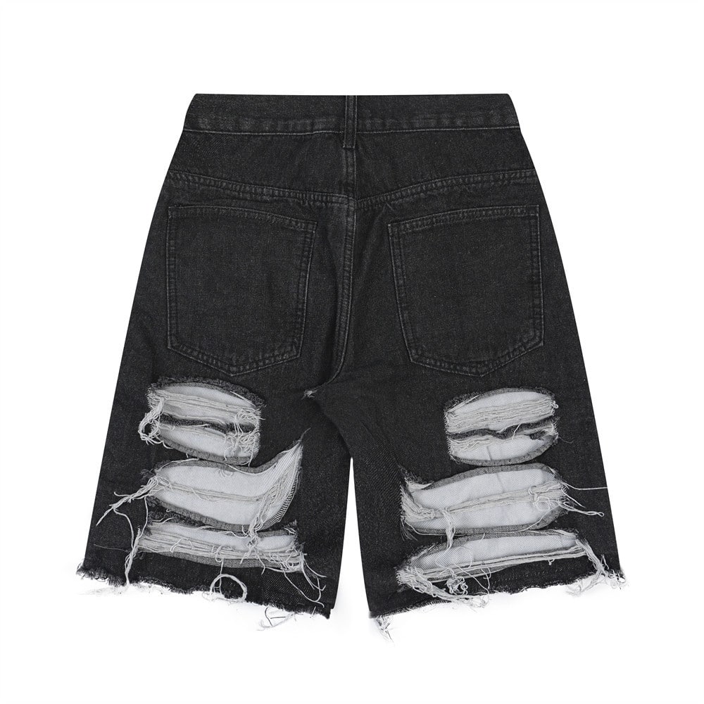 Loose straight heavy duty ripped burlap denim shorts