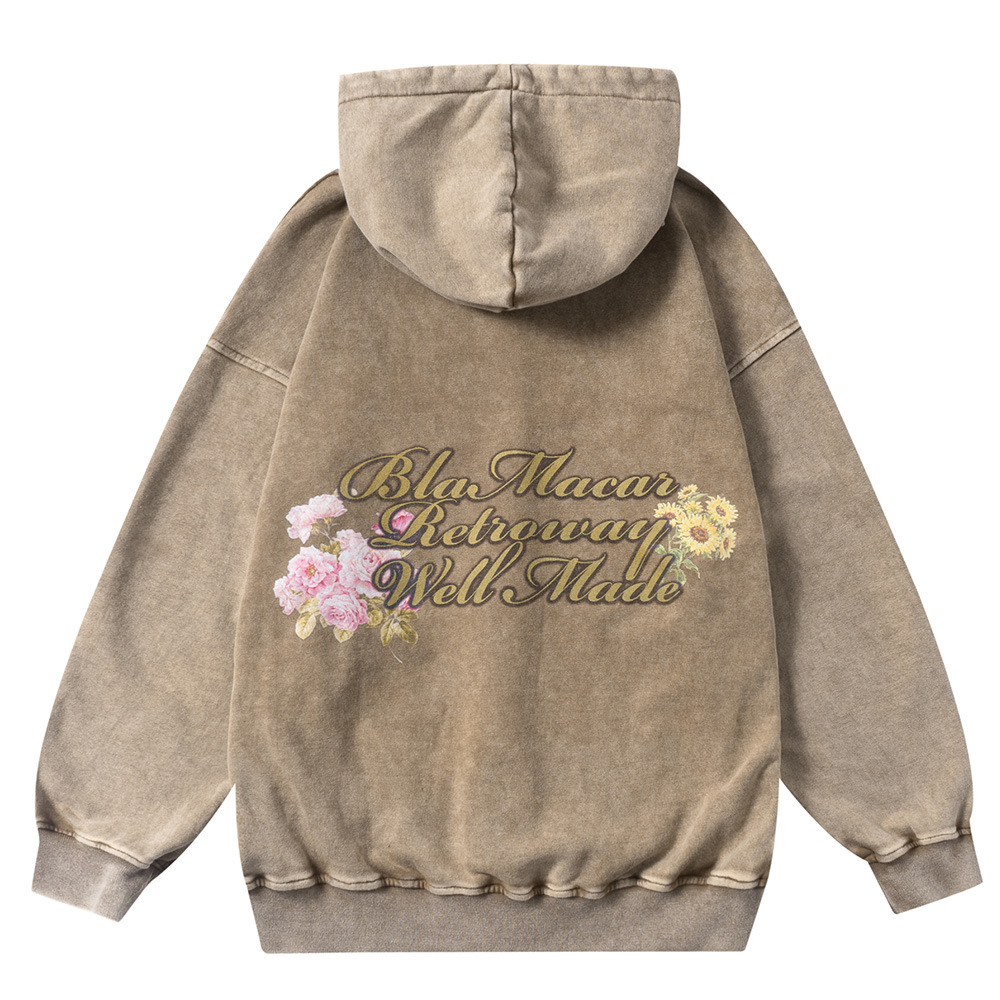 Loose washed old trendy floral letter print hooded sweatshirt