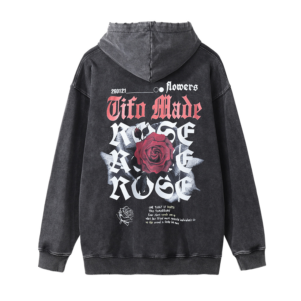 Niche loose frayed washed and worn rose letters with hooded sweatshirt