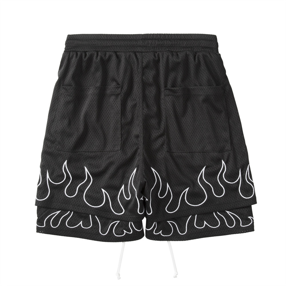 Double-layer patchwork fake two-piece flame embroidered casual sports shorts