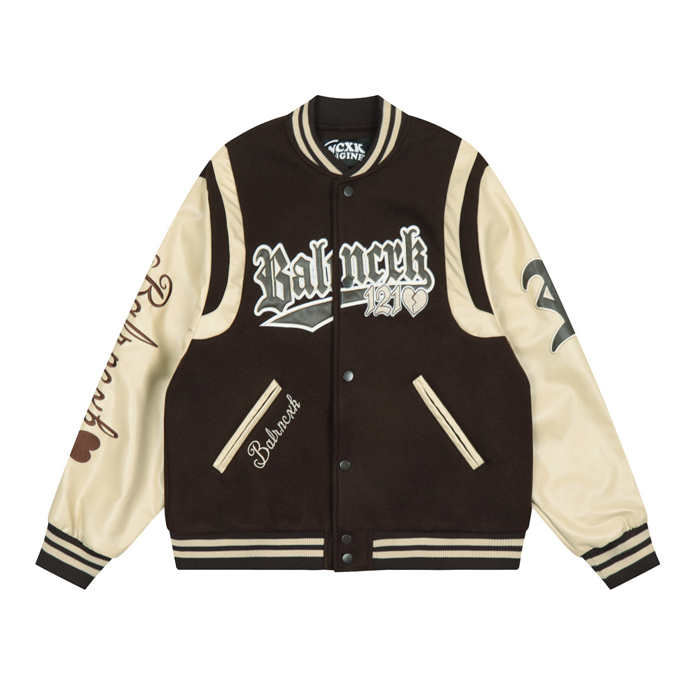 Letters embroidered long-sleeved clashing color patchwork baseball jacket