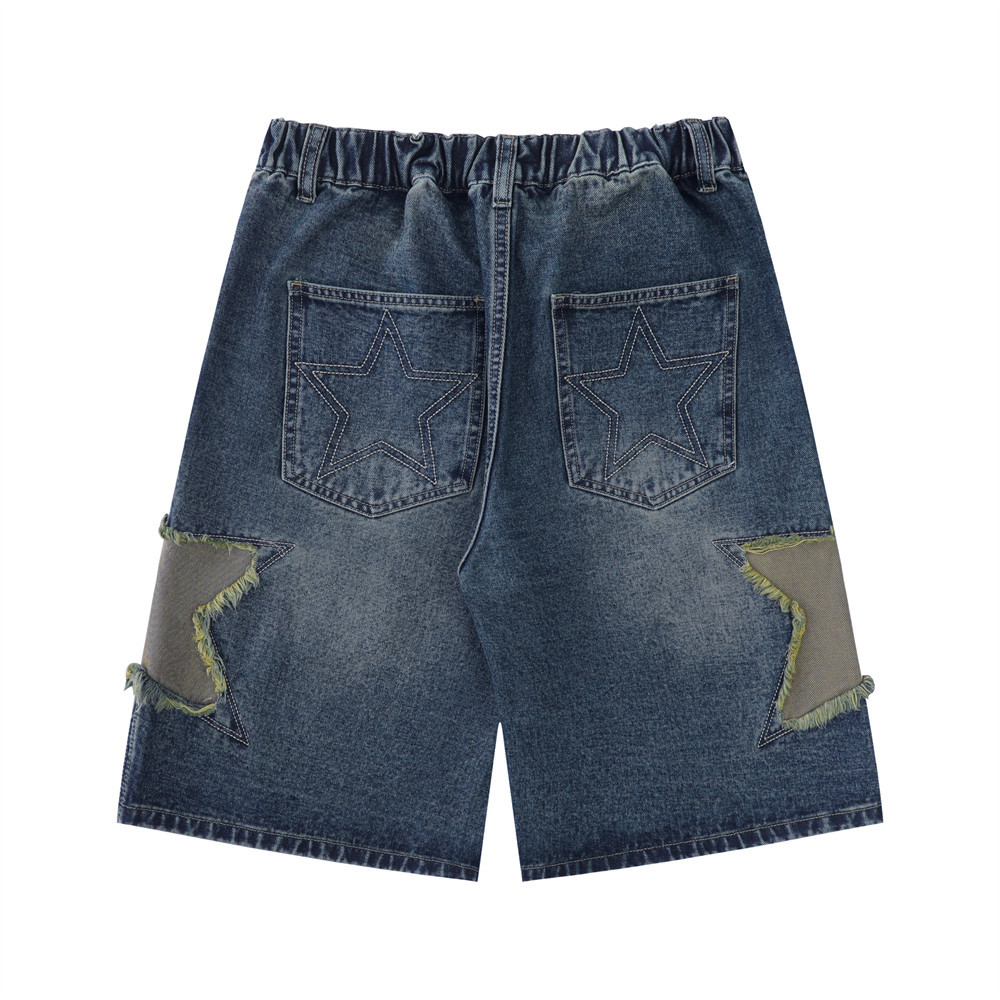 Patch star embroidered denim shorts for men summer