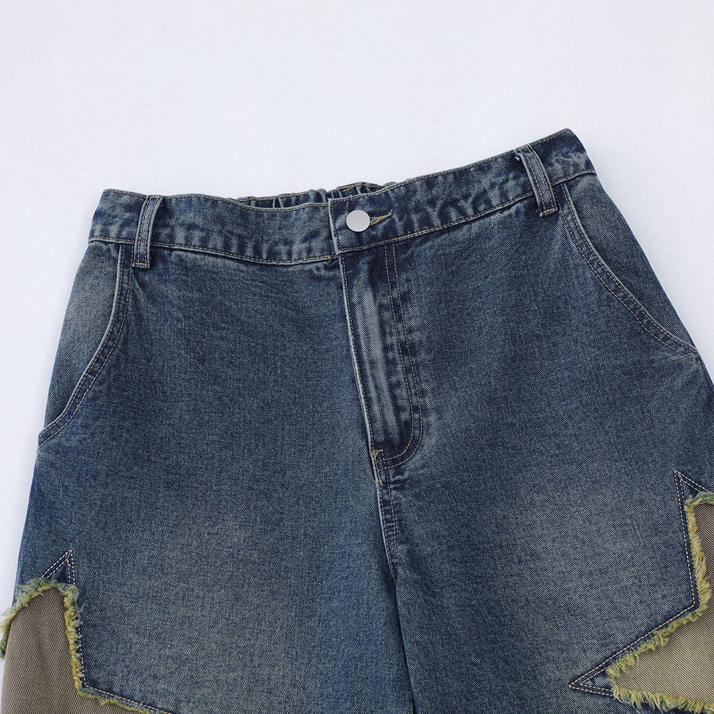 Patch star embroidered denim shorts for men summer