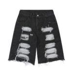 Loose straight heavy duty ripped burlap denim shorts