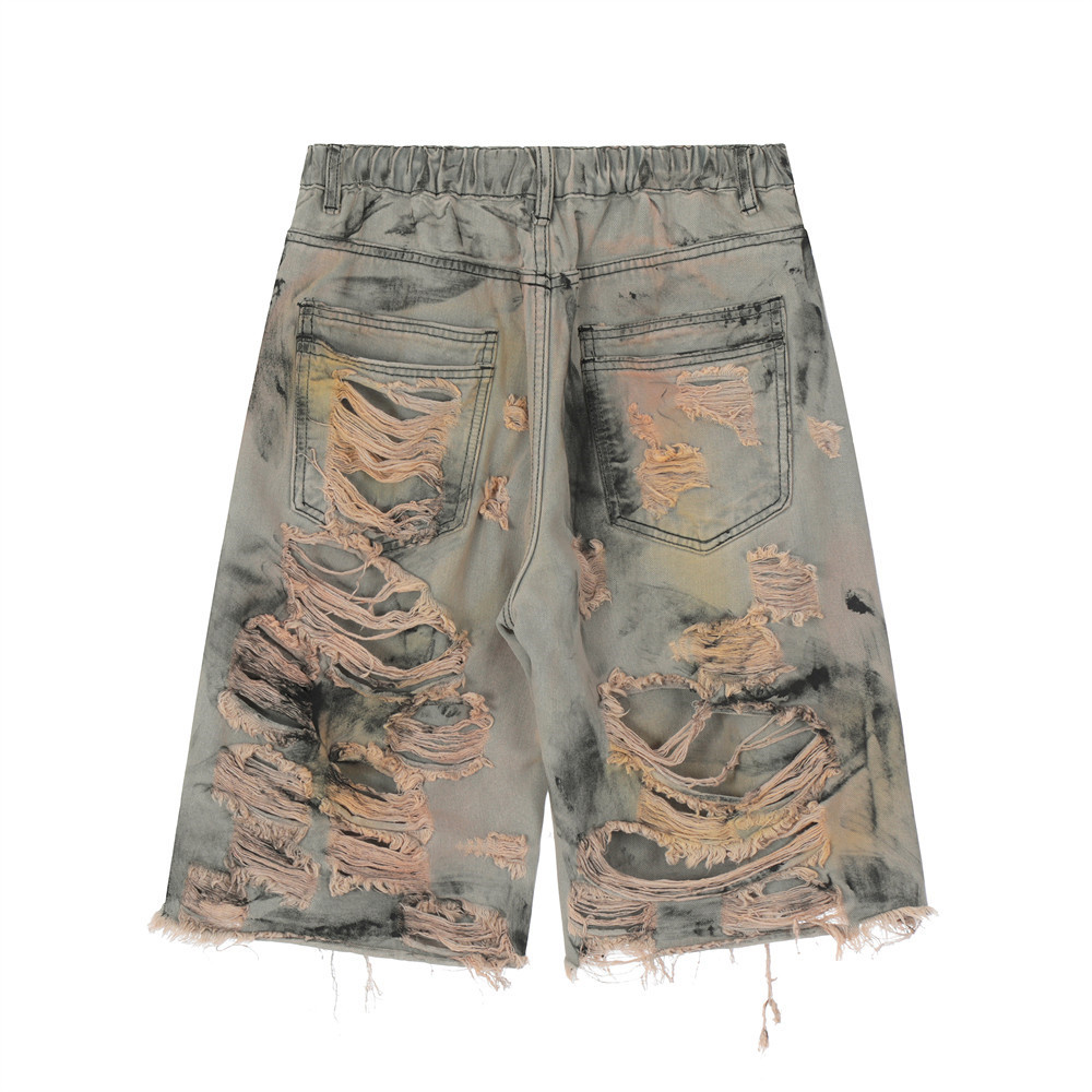 Heavy-duty ripped paint print denim shorts