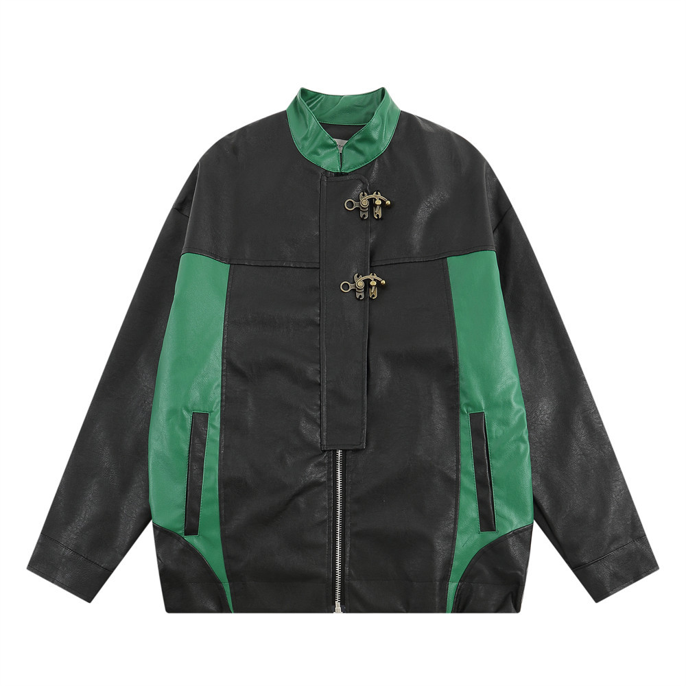 Collar leather jacket with color blocking