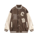 Splicing pu leather sleeves letter embroidery jacket