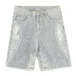 Ripped cut-out mesh patch denim shorts