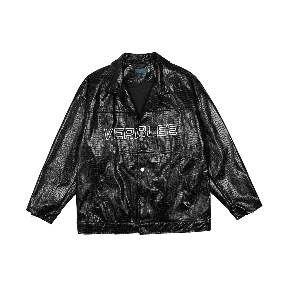 Letter print snake print PU leather jacket