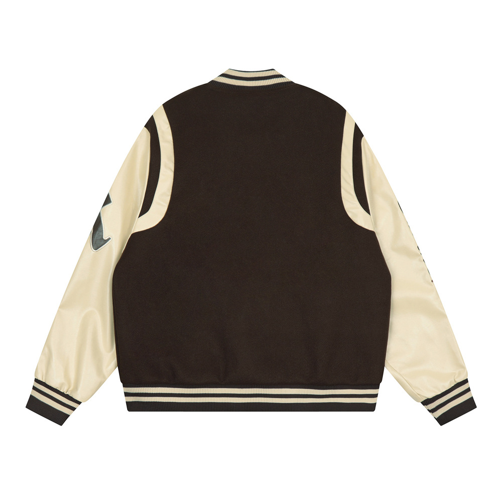 Letters embroidered long-sleeved clashing color patchwork baseball jacket