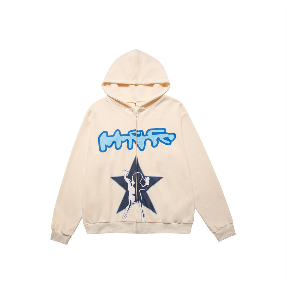 Abstract letters pentagram print hooded cardigan sweatshirt