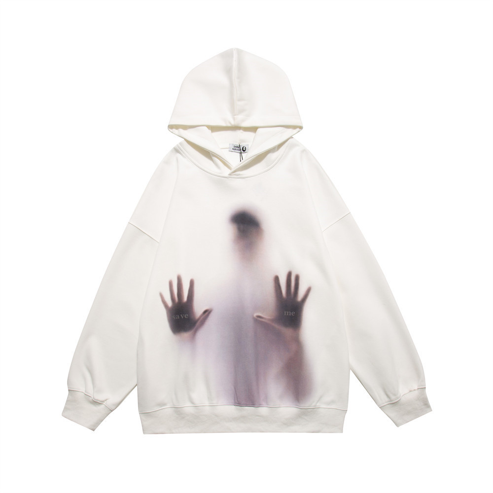 Hip-hop loose long-sleeved silhouette print hooded pullover sweatshirt