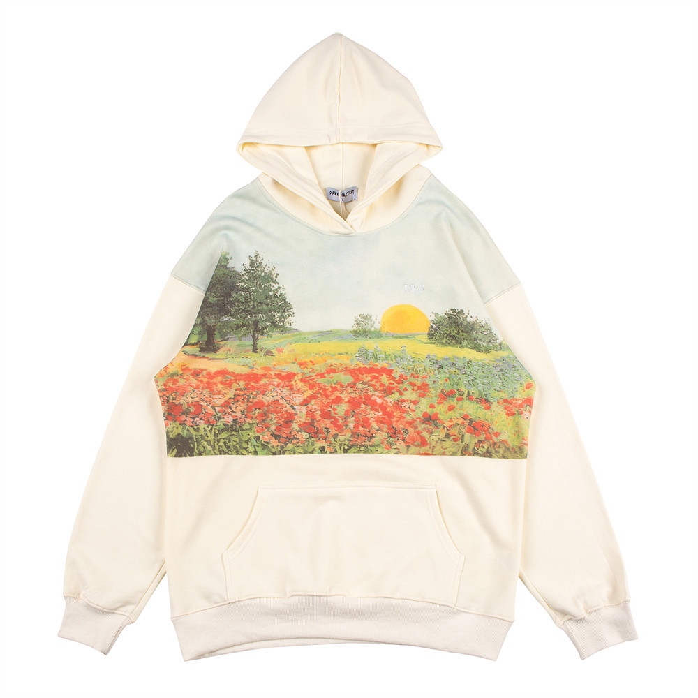 Men’s Slouchy Rustic Oil Painting Print Hooded Sweatshirt