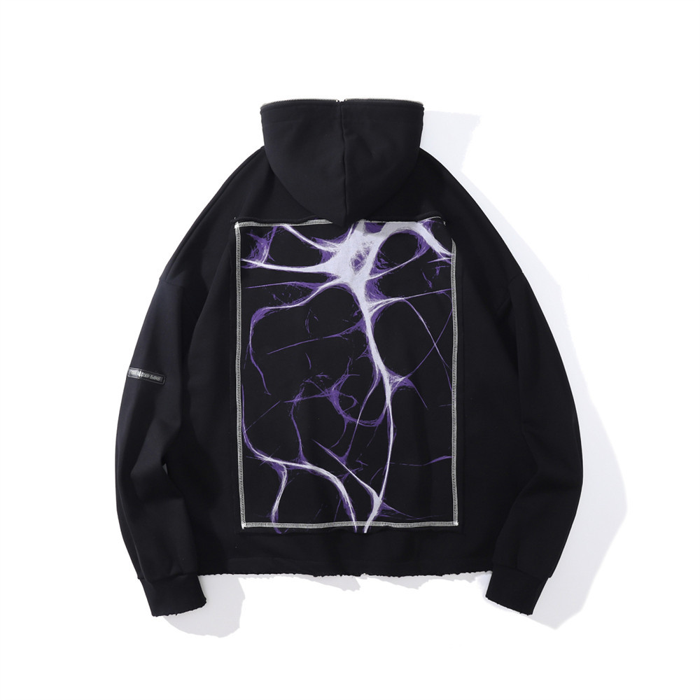 Diablo Loose Letter Zipper Lightning Print Hooded Cardigan Sweatshirt