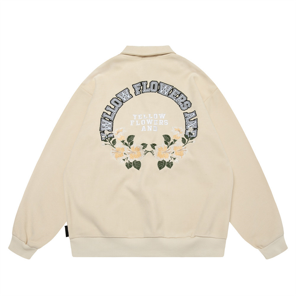 Floral letters embroidered zipper half open neck pullover sweatshirt