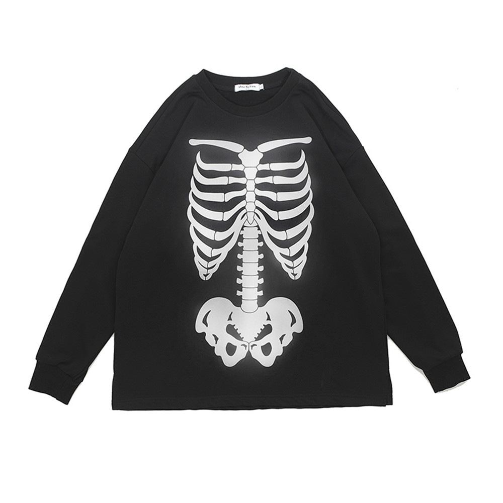 Loose Round Neck Long Sleeve Diablo Style Skeleton Reflective Printed Sweatshirt