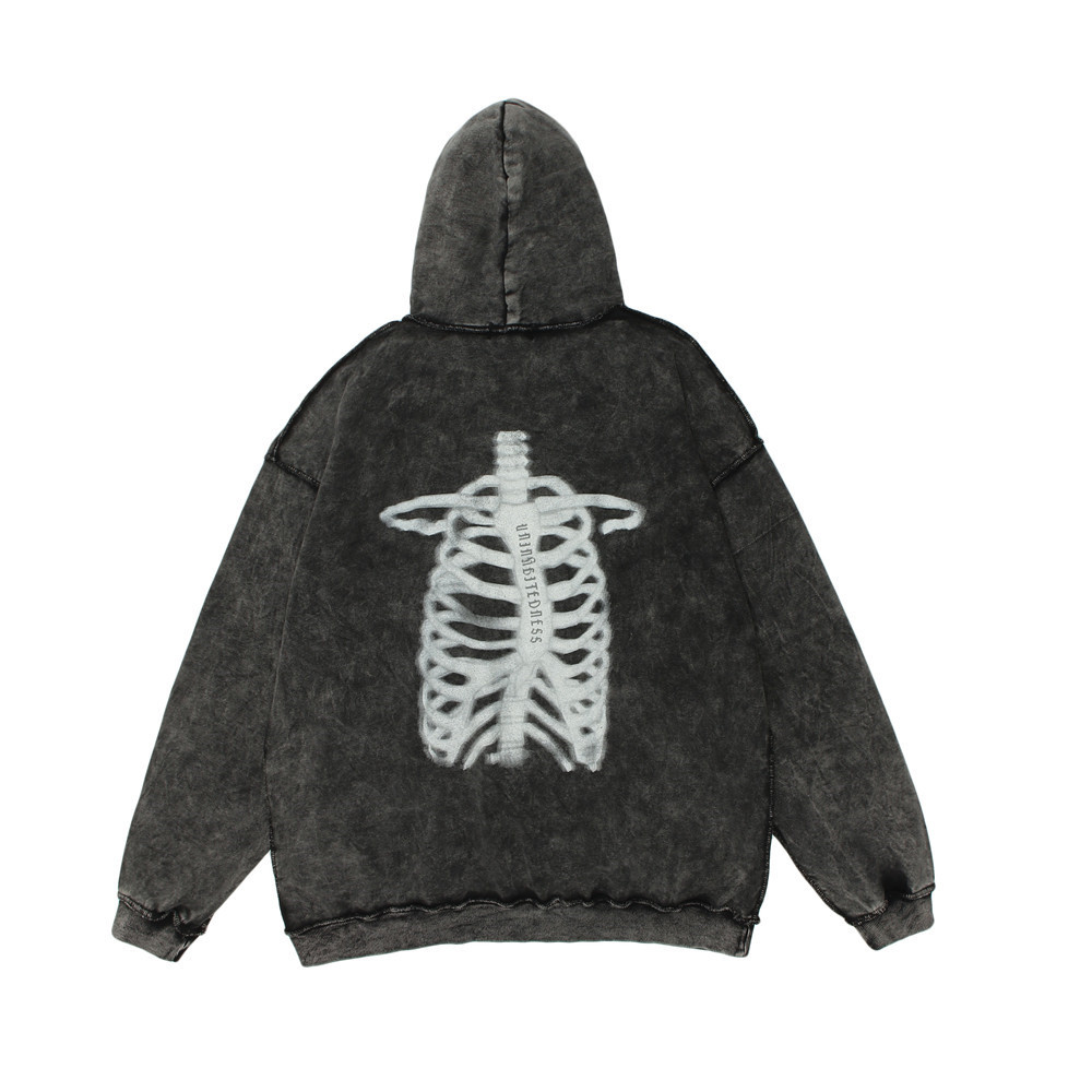 Washed and Aged Loose Skeleton Print Hooded Sweatshirt