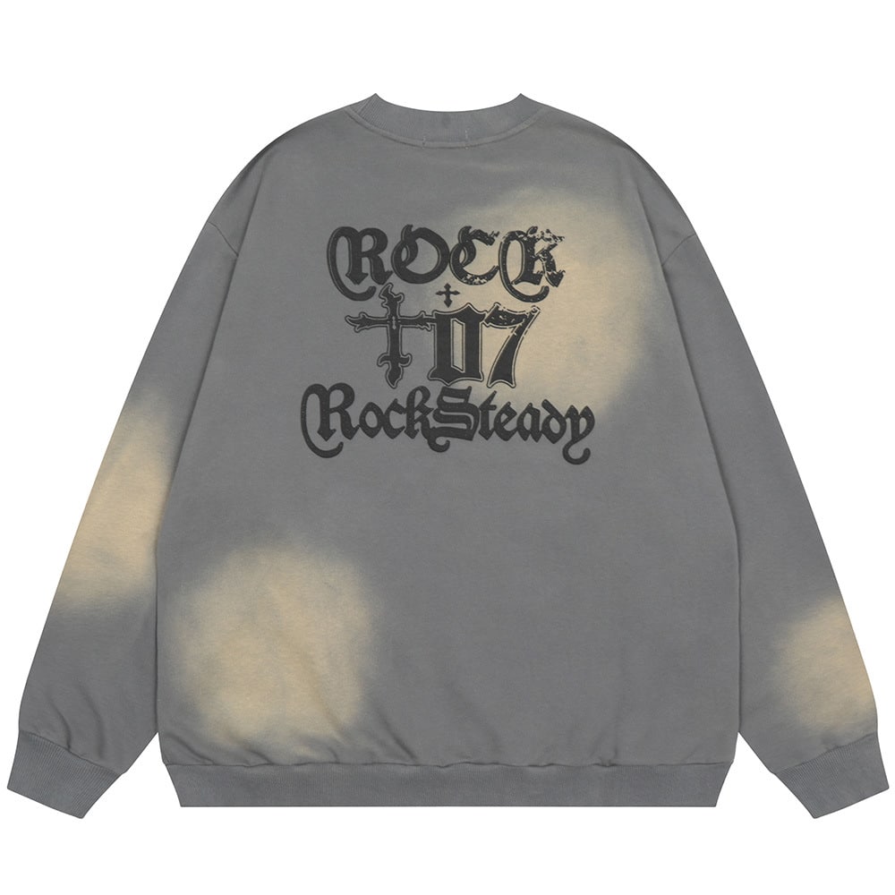 Tie-dye spray-painted letters printed round neck long-sleeved men’s sweatshirt