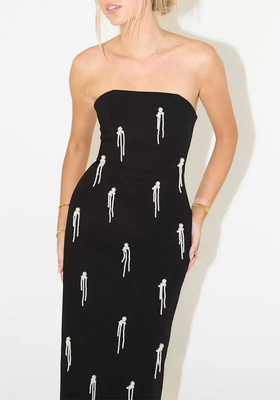 Strapless Midi Dress with Abstract White Patterns - Bodycon Evening Gown