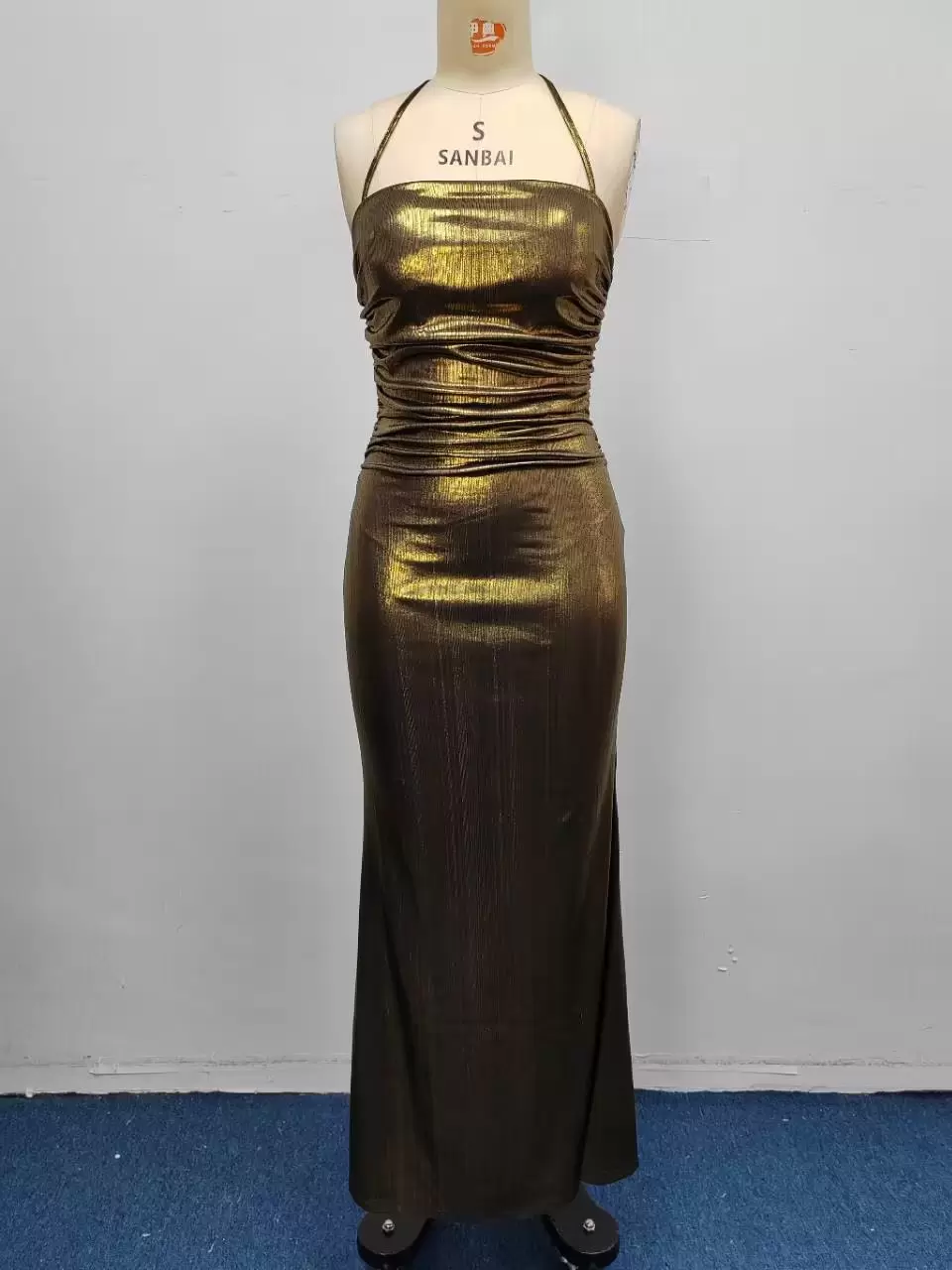 Metallic Gold Halter Neck Ruched Shiny Bodycon Evening Gown Women