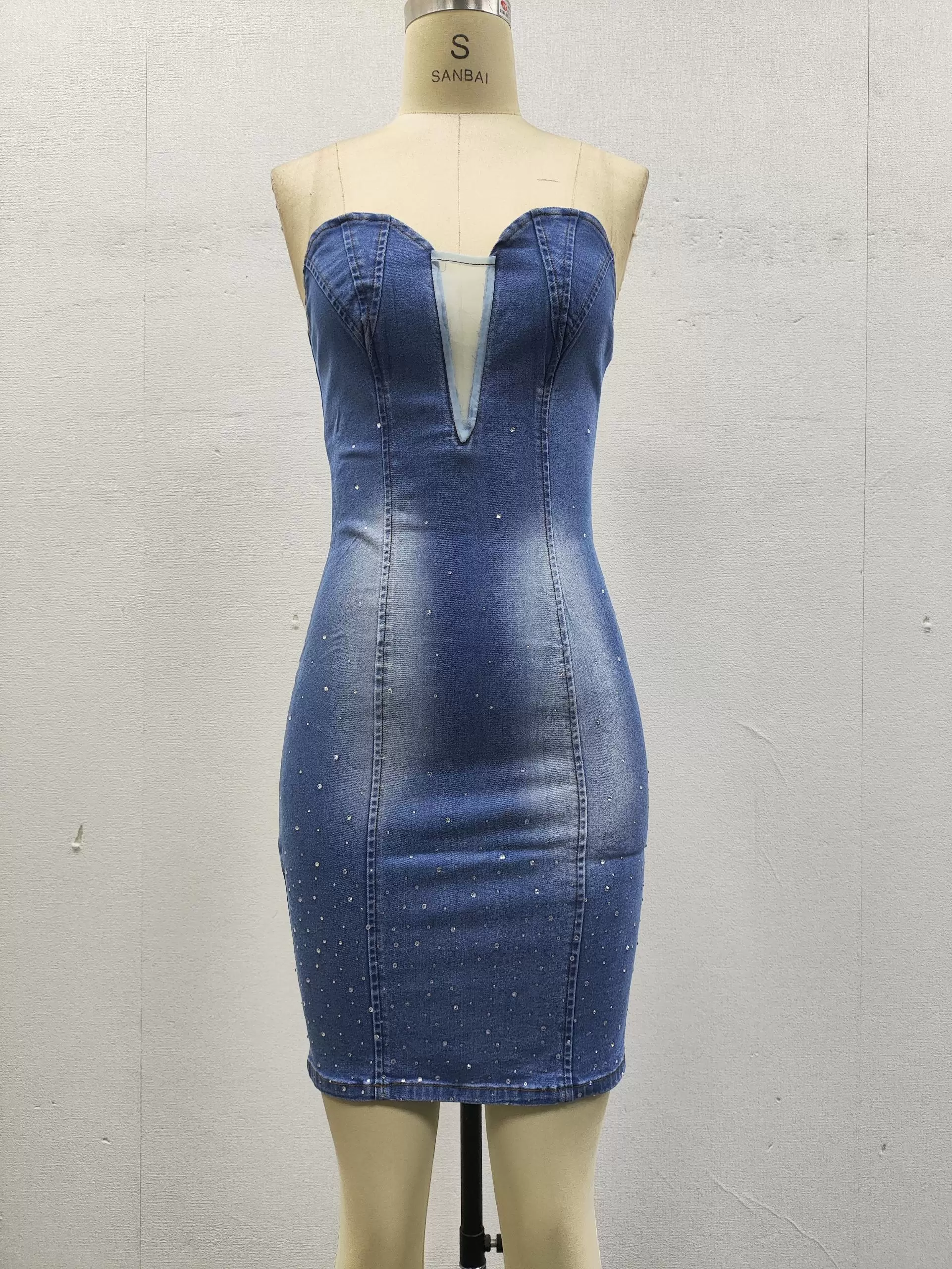 Sweetheart Neckline Strapless Rhinestone Denim Mini Dress Women