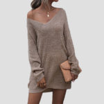 V Neck Drop Shoulder Solid Sweater Dress