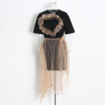 Round neck love overhead T-shirt + mesh stitching long half-body skirt