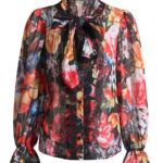 Tie bow flared sleeve printed shirt