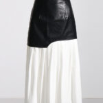 High Waist Irregular A-line Half-body Skirt PU Leather Black and White Patchwork