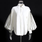 Lapel collar pleated collision color loose long-sleeved shirt