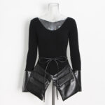 Irregular patchwork knitted leather crew neck sweater