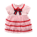 Pink bow cotton short-sleeved pleated dress