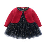 Blue star dress skirt + red knitted lace cardigan sweater