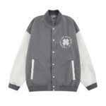 Color blocking four-leaf clover tweed steel press print baseball jacket for men