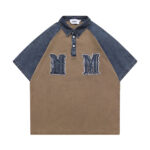 Letter embroidery denim patchwork polo shirt