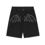 Multi-pocket straight-leg embroidered wings denim shorts