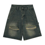 Washed and distressed relaxed straight leg ripped denim shorts