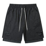 Cut and torn straight leg solid colour double stitched sports shorts